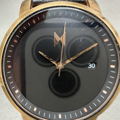 MVMT Boulevard Watch Women 38mm Black Dial Rose Gold Tone Date Leather New BattL1
