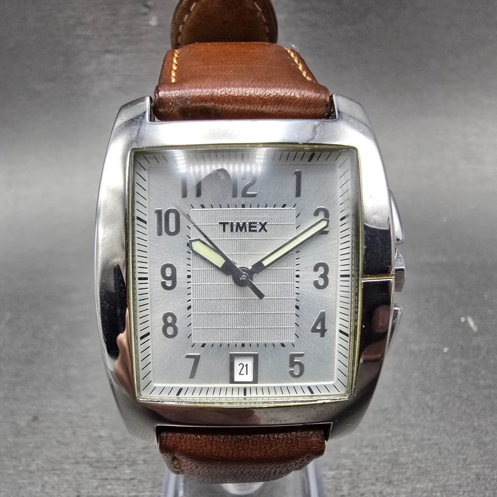 Timex Watch Men 33mm Silver Dial Silver Tone Rectangle Date T29371 New Battery0