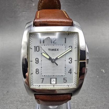 Timex Watch Men 33mm Silver Dial Silver Tone Rectangle Date T29371 New Battery0