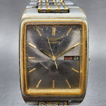 VTG Seiko Tank Watch Men 28mm Gray Dial Two Tone Daydate Rectangle New Battery