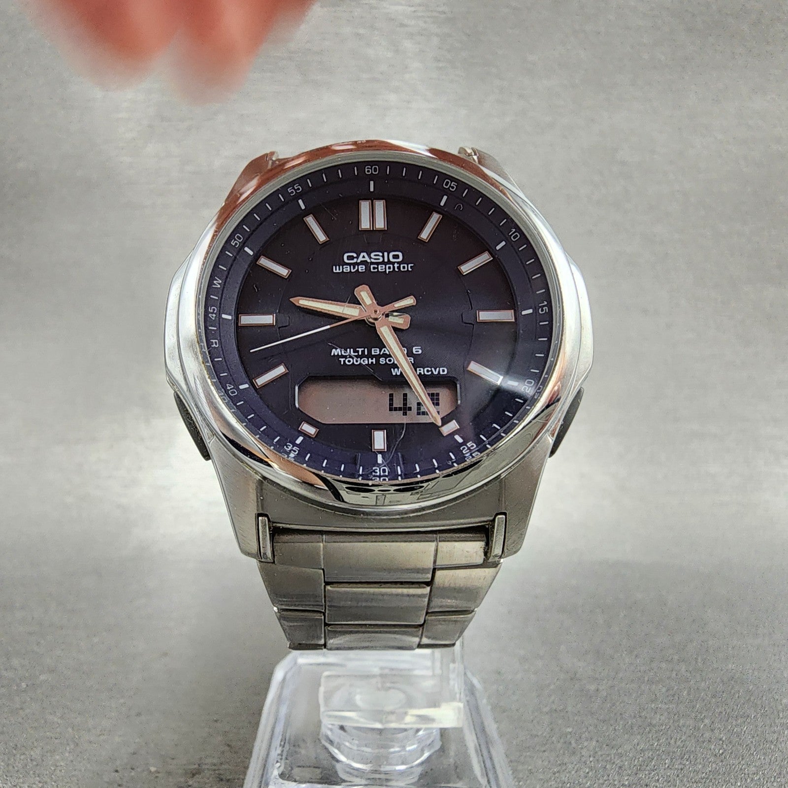 Casio Wave Ceptor Watch Men 42mm Blue Dial Steel Analog Digital Solar Runs7