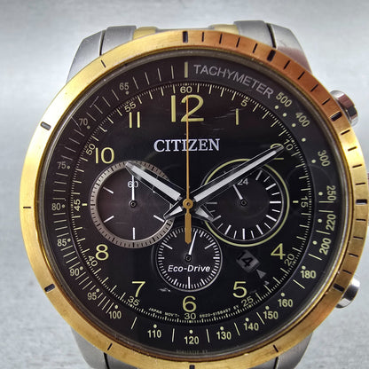 Citizen Eco-DriveChronograph Watch Men 44mm Black Dial Two Tone Date Round Runs1