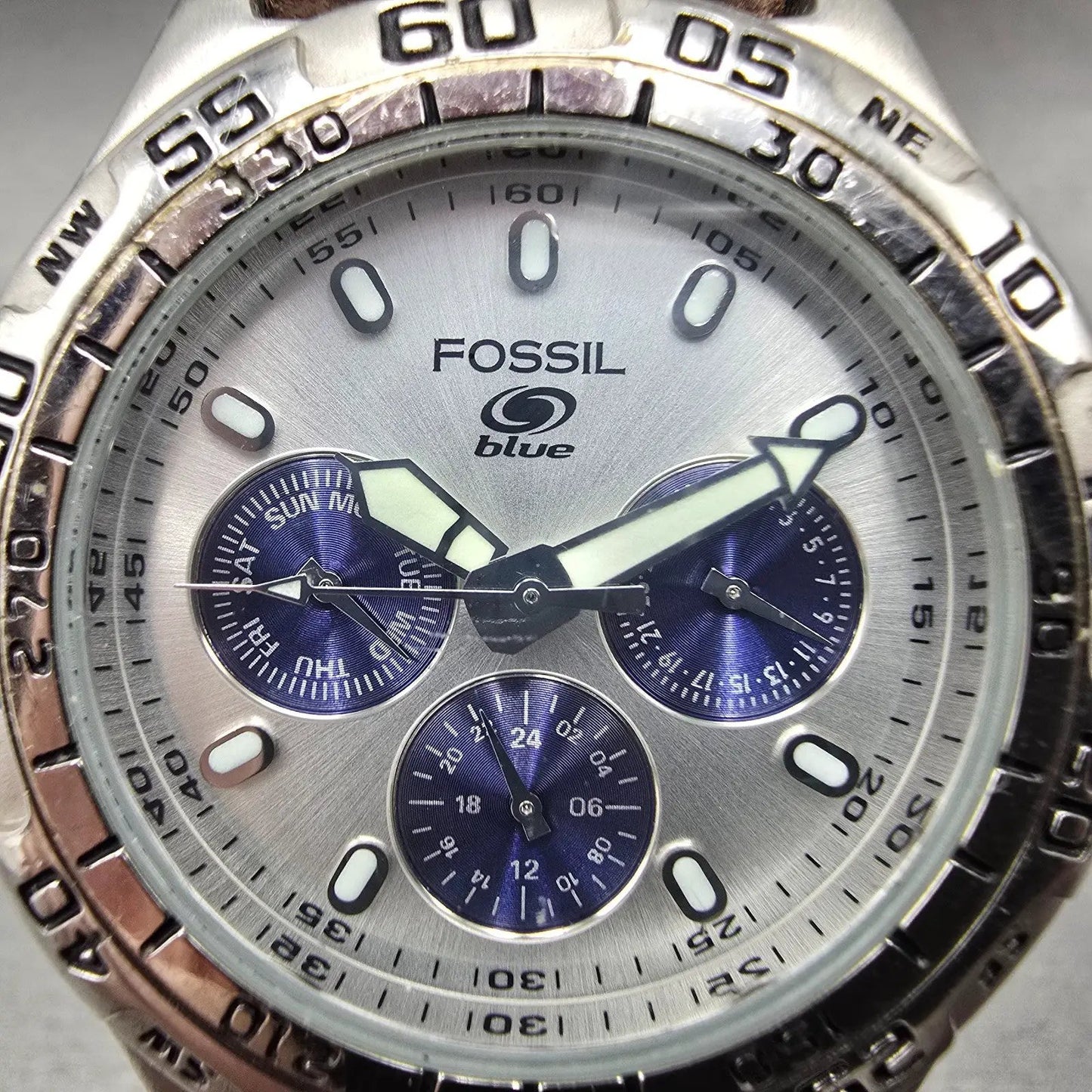 Fossil Blue Watch Men 40mm Silver & Blue Dial Steel Daydate BQ-8785 New Battery1