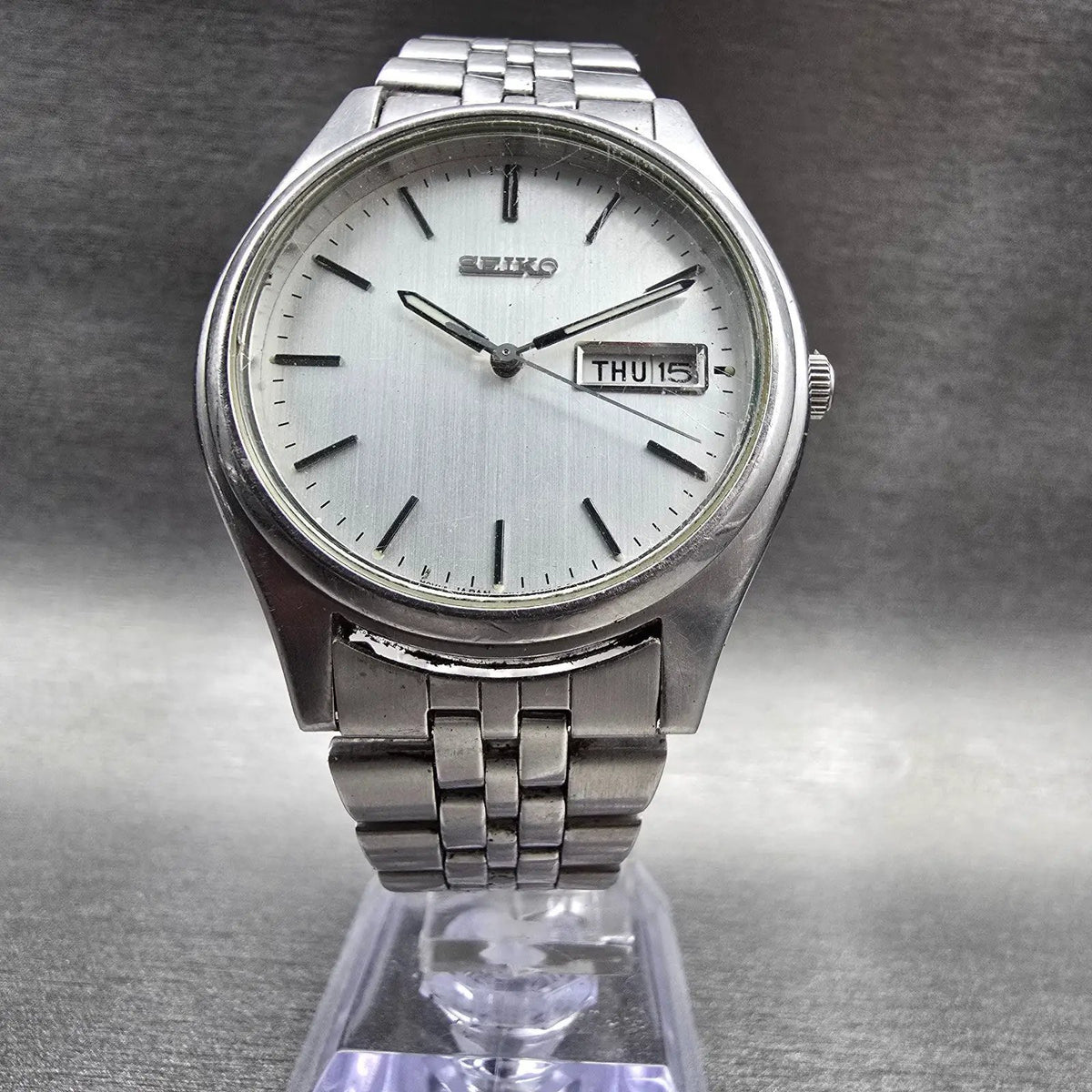 Seiko Watch Men 37mm Silver Dial Silver Tone Daydate Round 7N43-9048 New Battery5