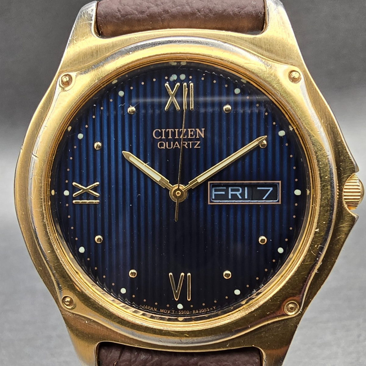 Citizen Watch Men 37mm Blue Dial Gold Tone Daydate Round 5500-R10354 New Battery1