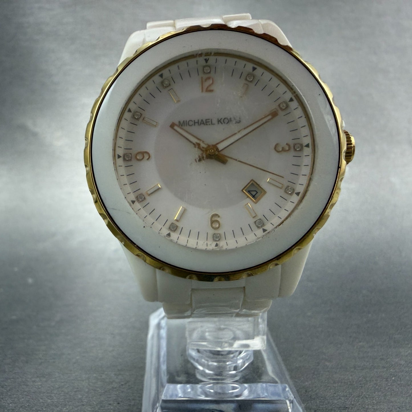 Michael Kors Madison Watch Women 41mm MOP Dial White Tone Date Mk-5249 New Batt5