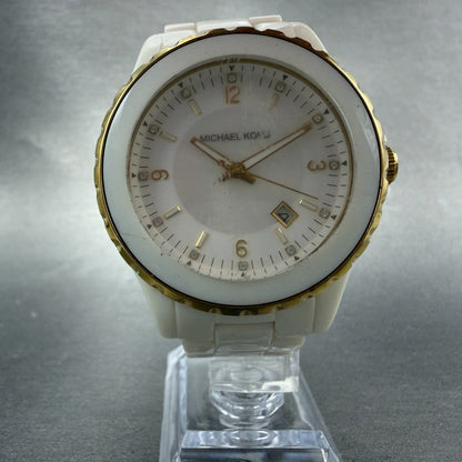 Michael Kors Madison Watch Women 41mm MOP Dial White Tone Date Mk-5249 New Batt5