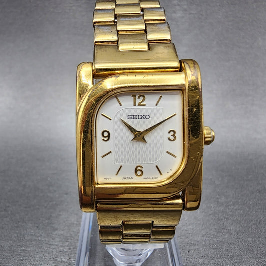 Seiko Watch Women 23mm White Dial Gold Tone Rectangle 4N00-6769 New Battery