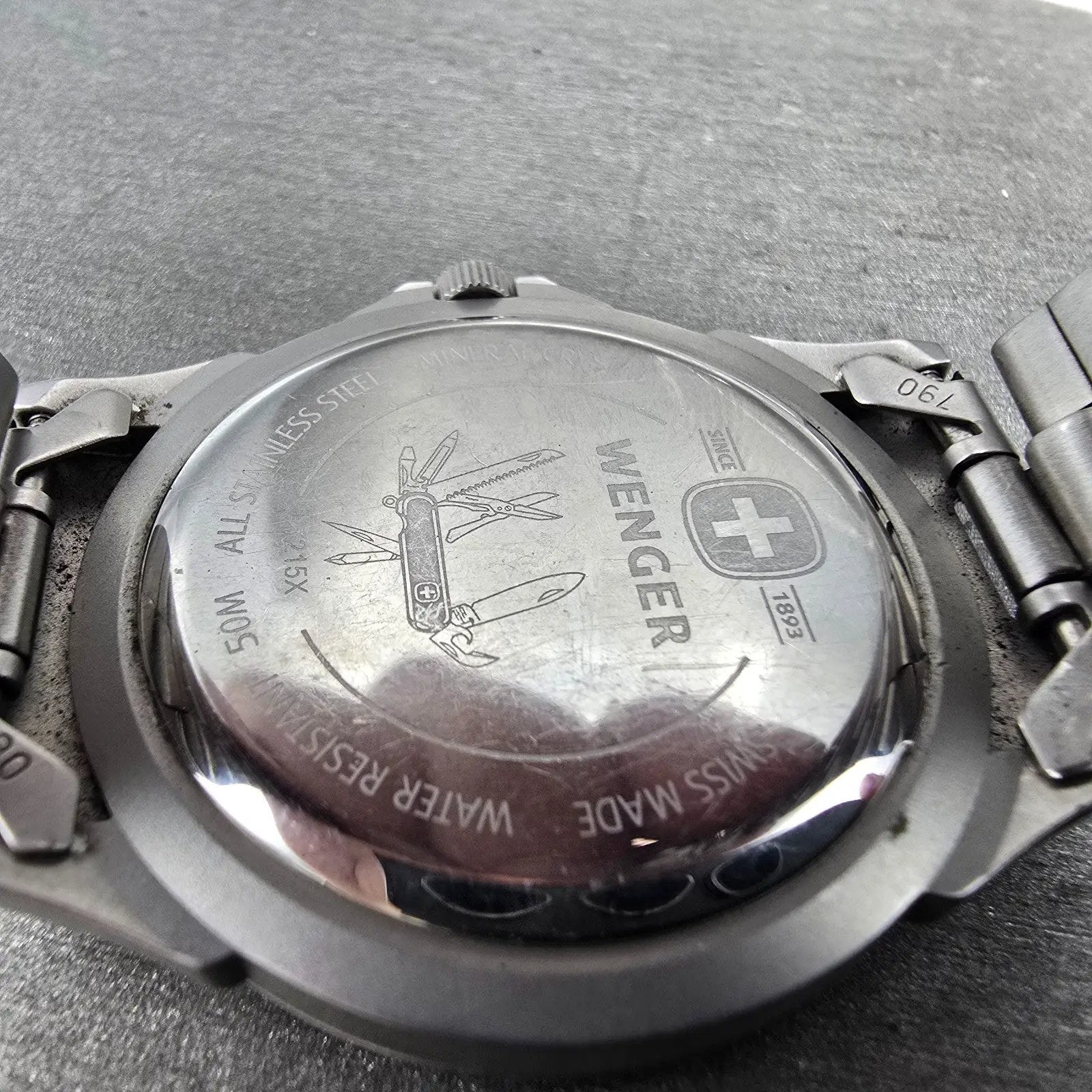 Wenger Dive Watch Men 38mm Black Dial Silver Tone Daydate 7215X New Battery9