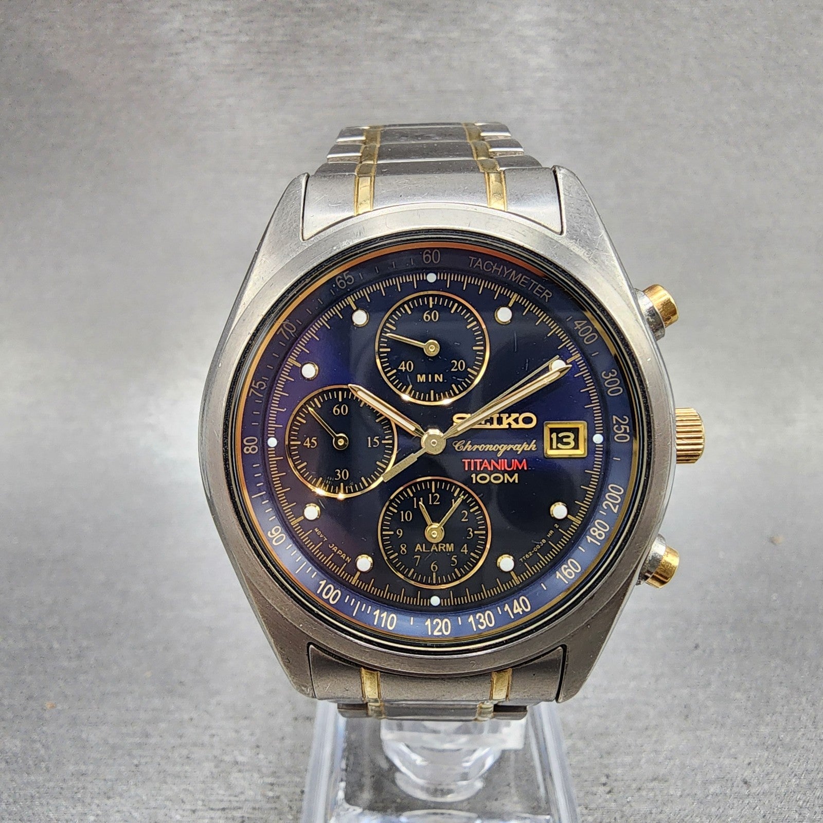 Seiko Chronograph Watch Men 38mm Blue Dial Titanium Date Alarm 7T620FD0 PARTS0