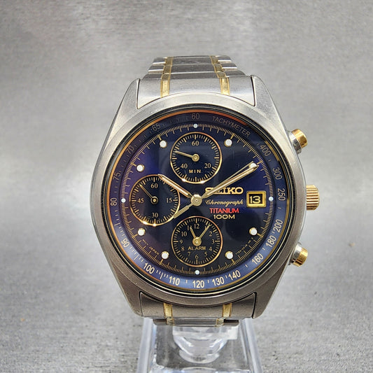 Seiko Chronograph Watch Men 38mm Blue Dial Titanium Date Alarm 7T620FD0 PARTS0