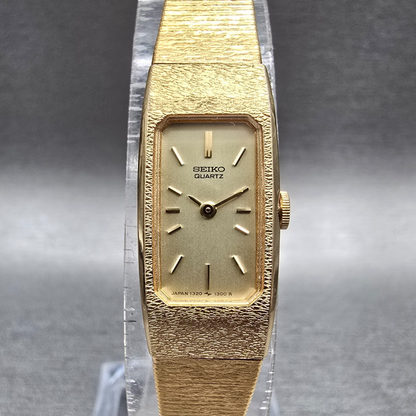 Seiko Tank Watch Women 13mm Gold Dial Gold Tone Rectangle 1320-5990 New Battery0