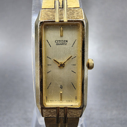 Citizen CQ Tank Watch Women 13mm Champagne Dial Gold Tone 6421S18523 NewBattery1