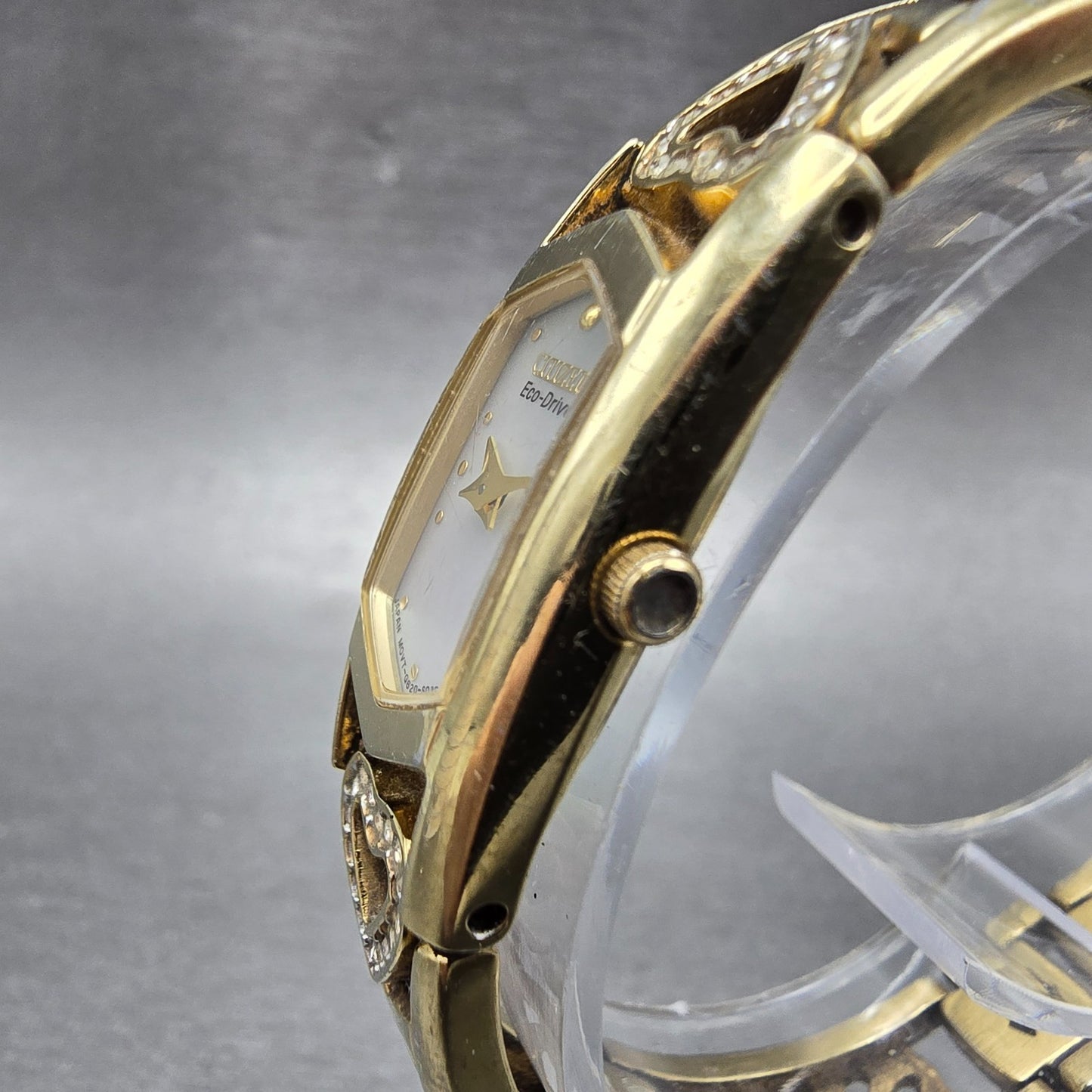 Citizen Eco-Drive Tank Heart Watch Women 15mm MOP Dial Gold Tone Rectangle Runs2