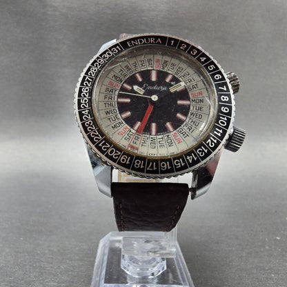 Endura Perpetual Calendar Watch Men 38mm Black Dial Silver Tone Manual Wind PART6