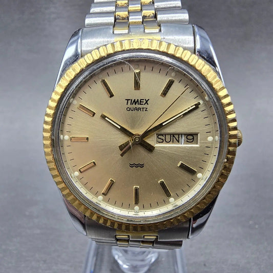 Timex President Watch Men 34mm Chamagne Dial Two Tone Daydate Round New Battery0