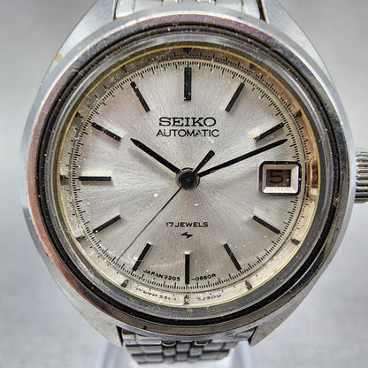 Seiko Automatic Watch Women 25mm Silver Dial Silver Tone Date 2205-0420 Runs