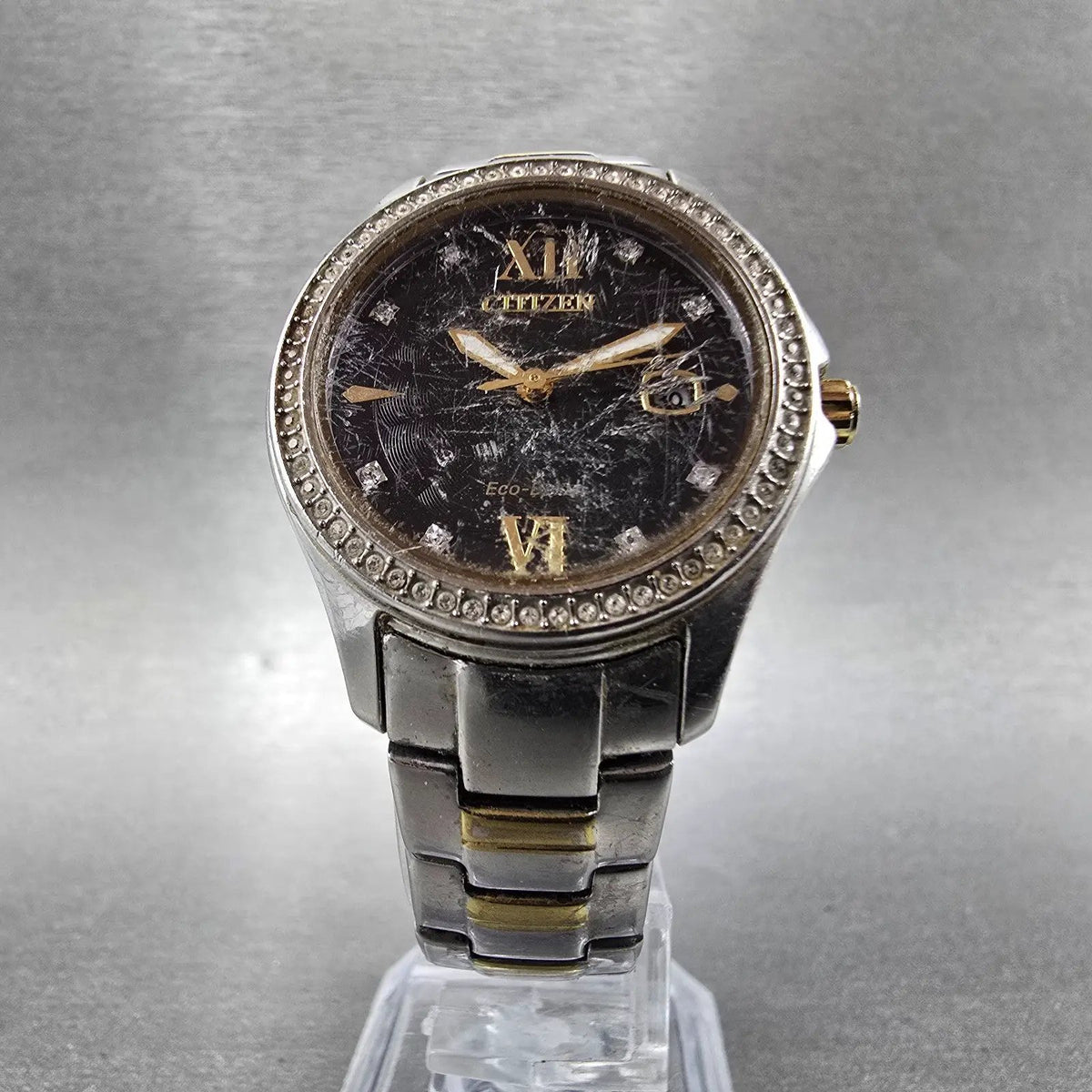 Citizen Eco-Drive Silhouette Crystal Watch Women 30mm Black Dial Two Tone Date7