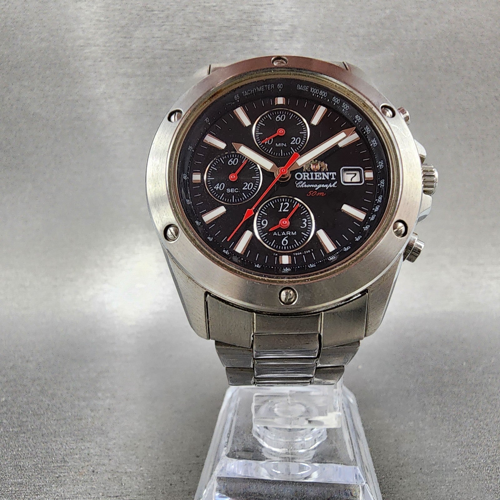 Orient Chronograph Watch Men 40mm Black Dial Silver Tone Date READ!!!!! New Batt5