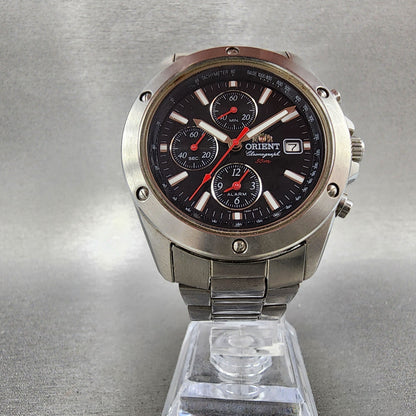 Orient Chronograph Watch Men 40mm Black Dial Silver Tone Date READ!!!!! New Batt5