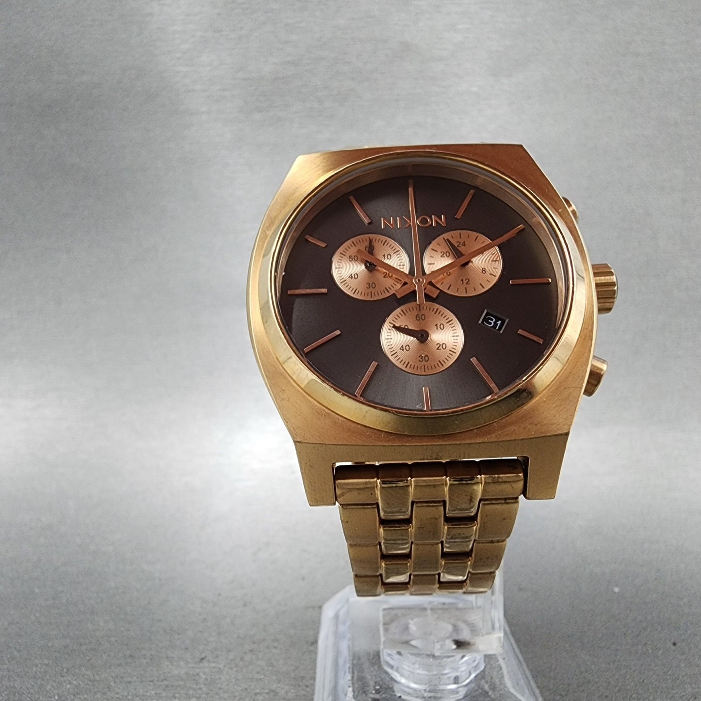 Nixon Time Teller Chrono Watch Women 39mm Gray Dial Rose Gold Tone Date New Batt5