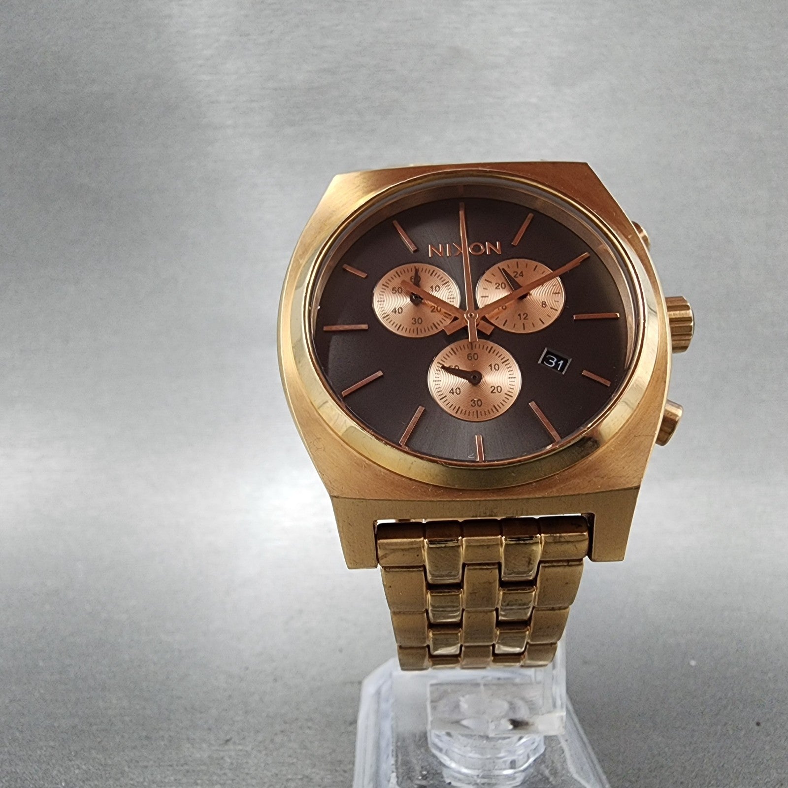 Nixon Time Teller Chrono Watch Women 39mm Gray Dial Rose Gold Tone Date New Batt5