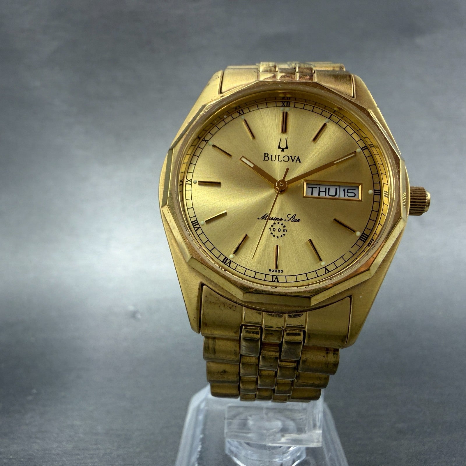 Bulova Marine Star Watch Men 35mm Gold Dial Gold Tone Date Round New Battery GH75