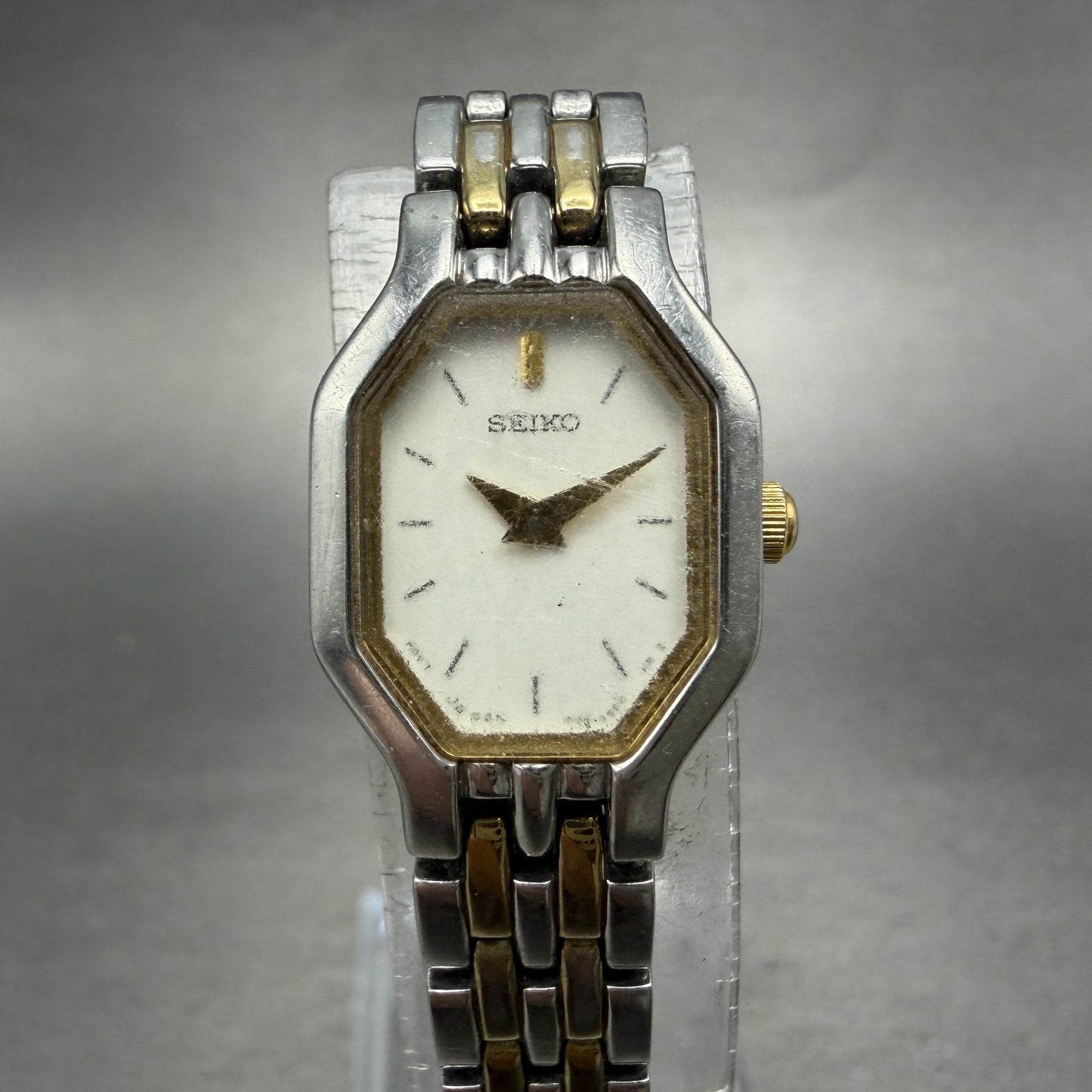 Seiko Watch Women 16mm White Dial Two Tone Octagon 1N00-0GV0 New Battery VTG 210