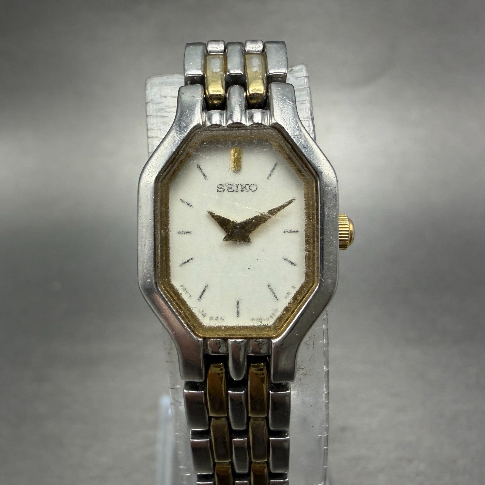 Seiko Watch Women 16mm White Dial Two Tone Octagon 1N00-0GV0 New Battery VTG 210