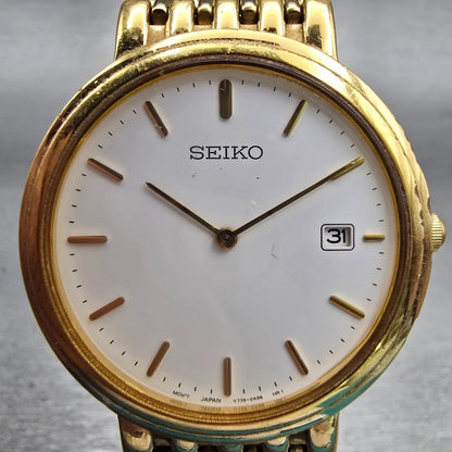 Seiko Watch Men 33mm White Dial Gold Tone Date Round V739-0A59 New Battery VTG1