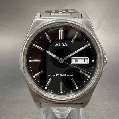 Seiko Alba Watch Men 37mm Black Dial Silver Tone Daydate V743-0a20 New Battery 40