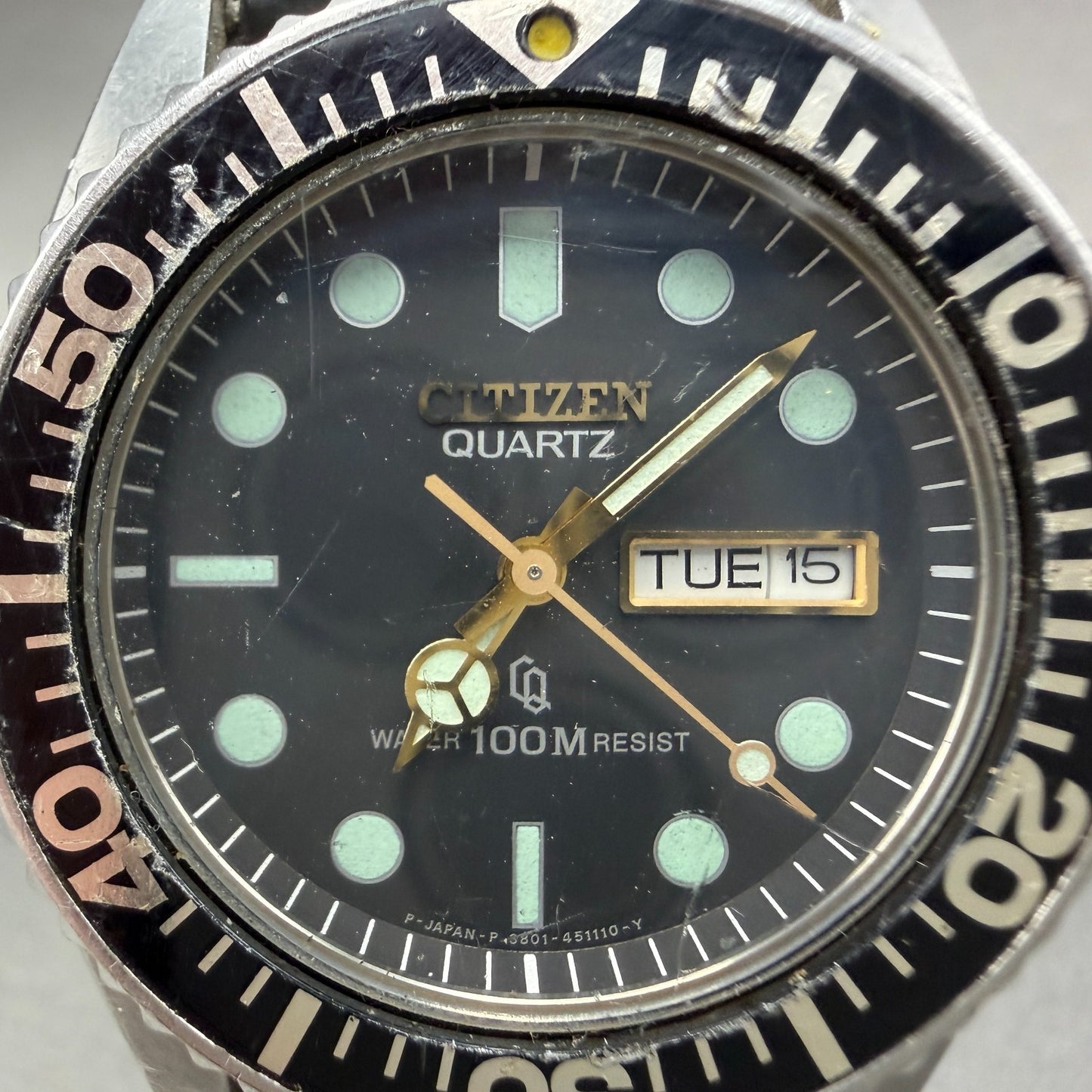 Citizen CQ Dive Watch Men 38mm Black Dial Steel Daydate 3801-450671 PARTS2