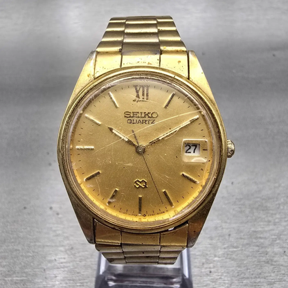 Seiko SQ Watch Men 32mm Gold Dial Gold Tone Date Round 5Y22-6009 New Battery VTG0