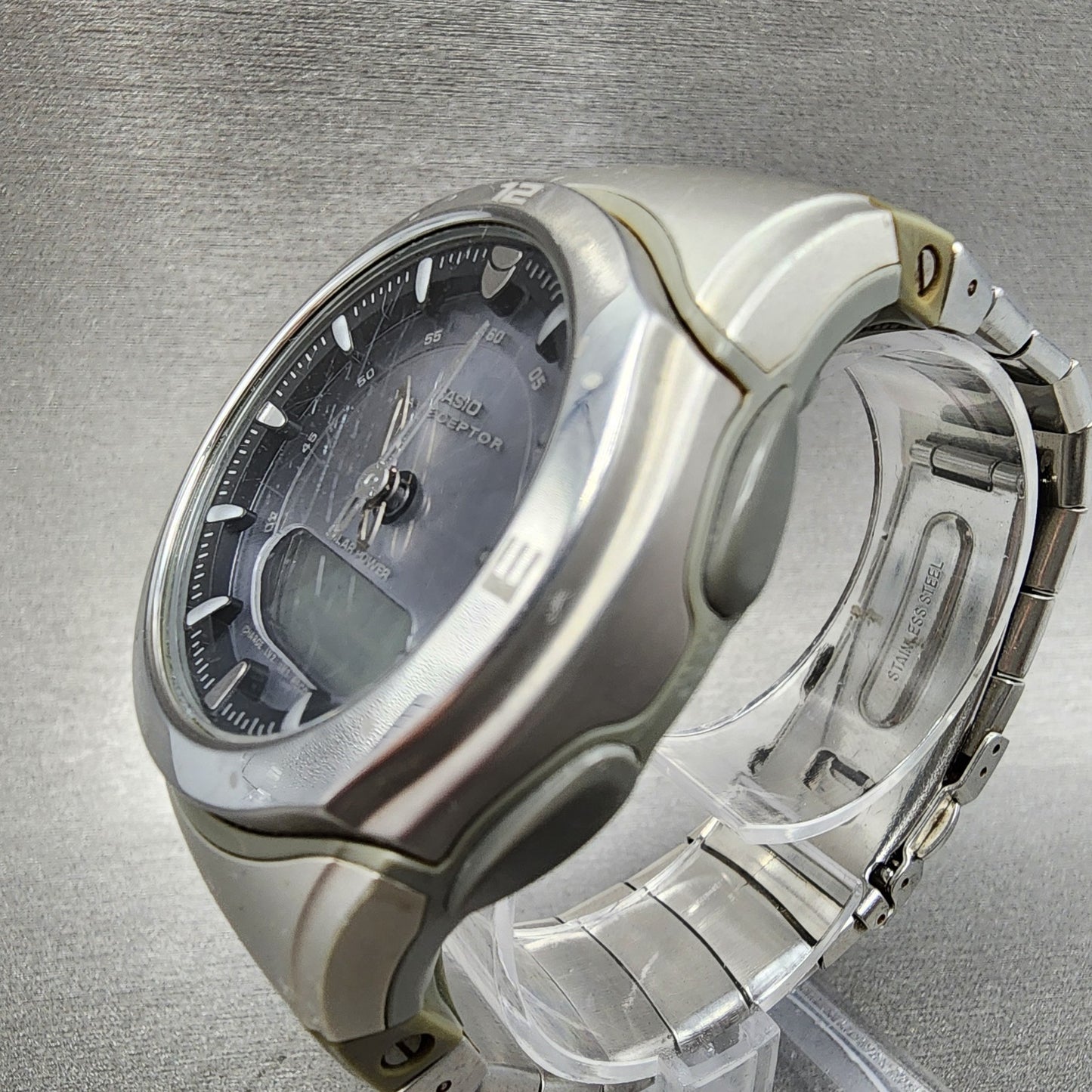 Casio Wave Ceptor Watch Men 42mm Blue Dial Analog Digital Solar Steel WVA30002