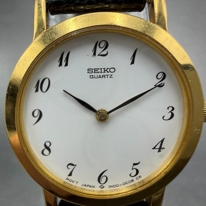 Seiko Watch Women 26mm White Dial Gold Tone Round 1N00-0A29 New Battery Leather1