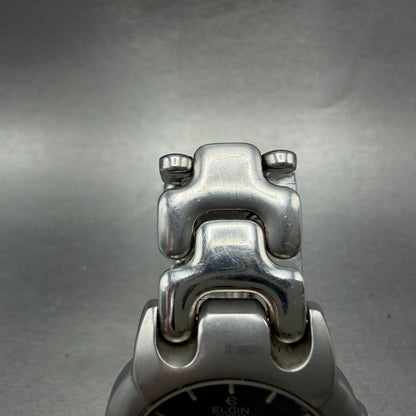 Elgin Watch Men 34mm Black Dial Silver Tone Round Daydate FK-366 New Battery4