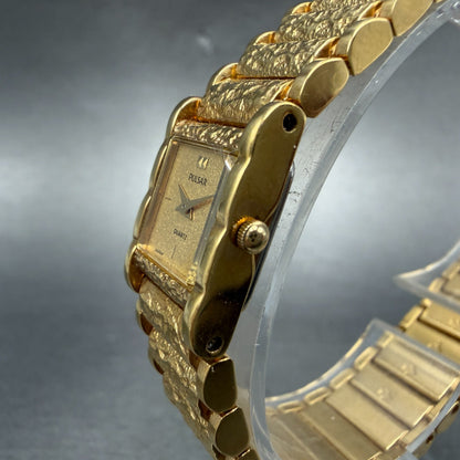 Pulsar Watch Women 15mm Gold Dial Gold Nugget Rectangle Y520-5010 New Batt NOS2