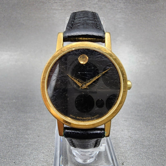 Movado Museum Watch Women 25mm Black Dial Gold Tone Round 87-25-832 New Battery