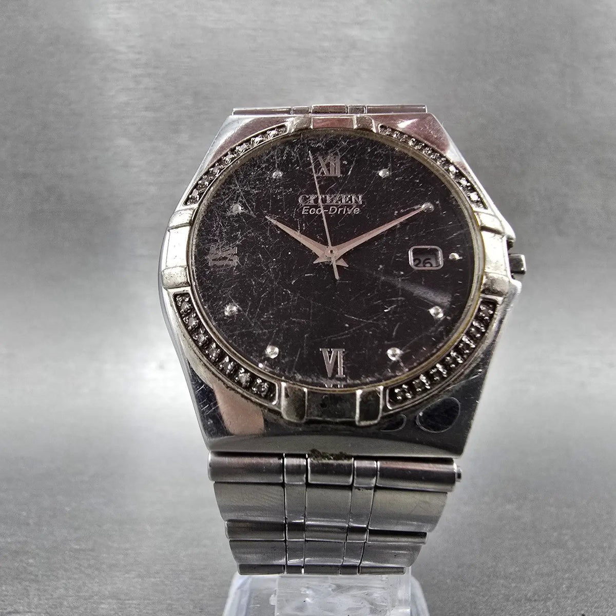 Citizen Eco-Drive Watch Men 36mm Black Dial Silver Date Round Diamonds Runs5