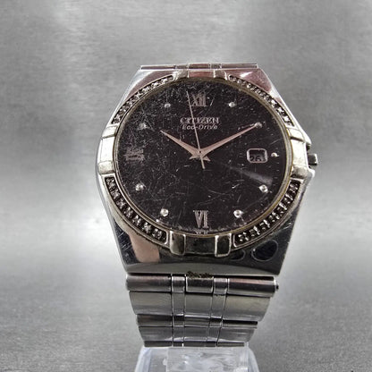 Citizen Eco-Drive Watch Men 36mm Black Dial Silver Date Round Diamonds Runs5