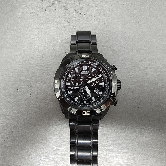 Citizen EcoDrive Chronograph Watch Men 43mm Black Dial Black Tone H500 PARTS0