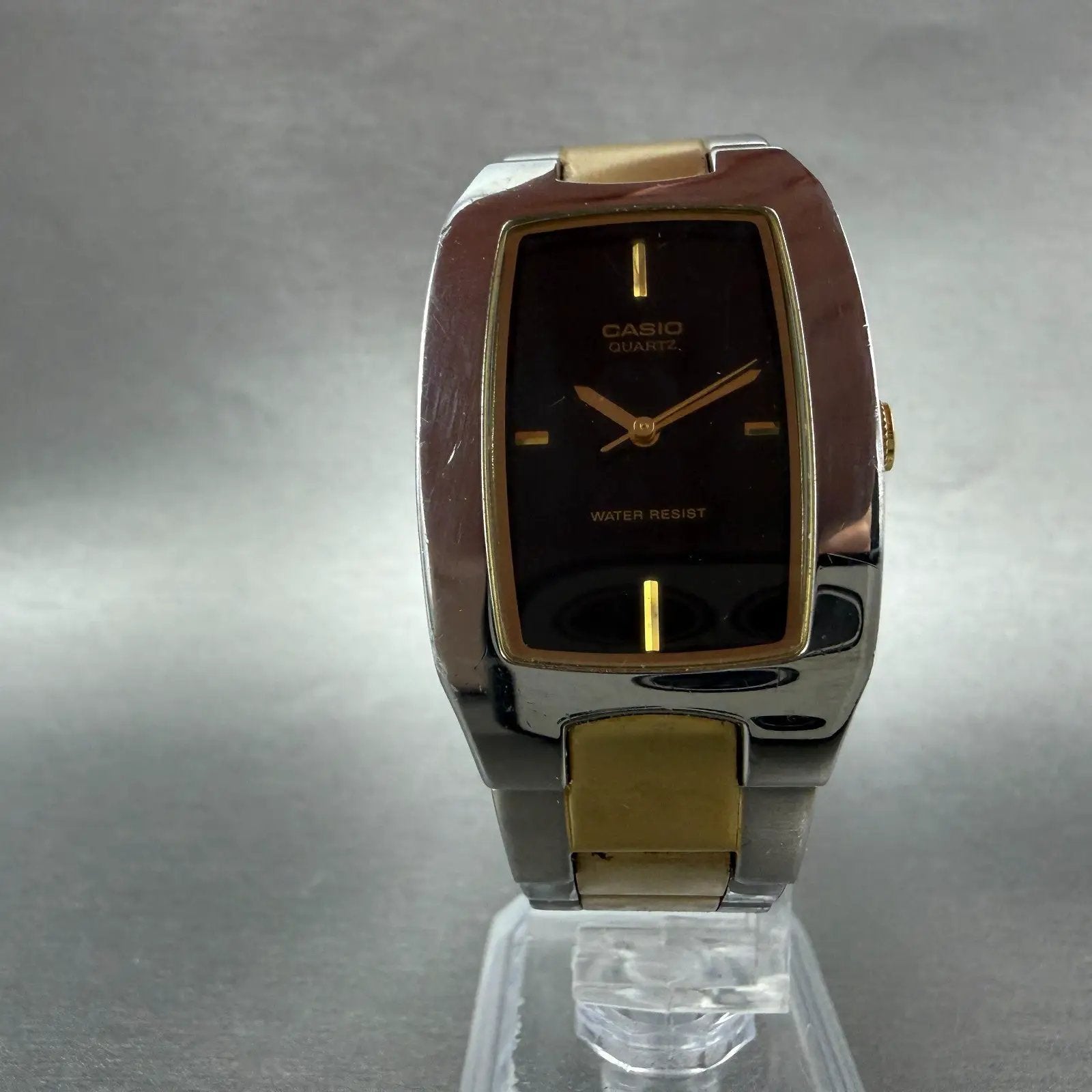Casio Tank Watch Men 27mm Black Dial Two Tone Rectangle MTP-1165 New Battery JJM5