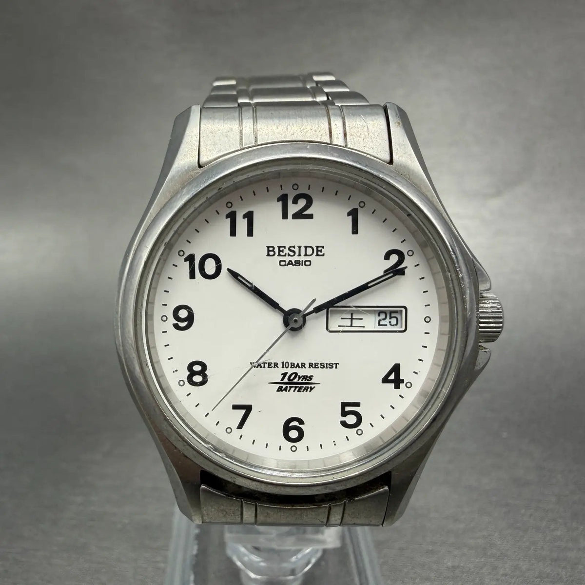 Casio Beside Watch Men 35mm Silver Dial Steel Daydate Round BES-105 New Battery0