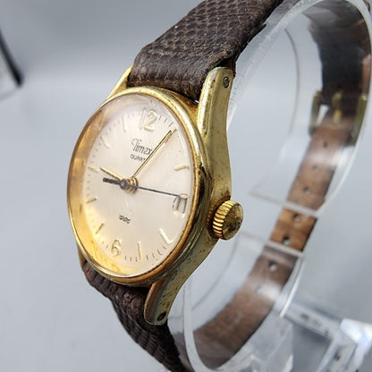 Vintage Timex Watch Women Gold Tone Cream Dial Date 22mm Round New Batttery