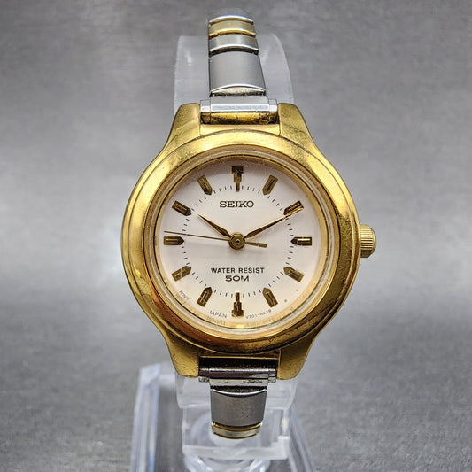 Seiko Watch Women 25mm White Dial Gold Tone Round V7012H30 New Battery0