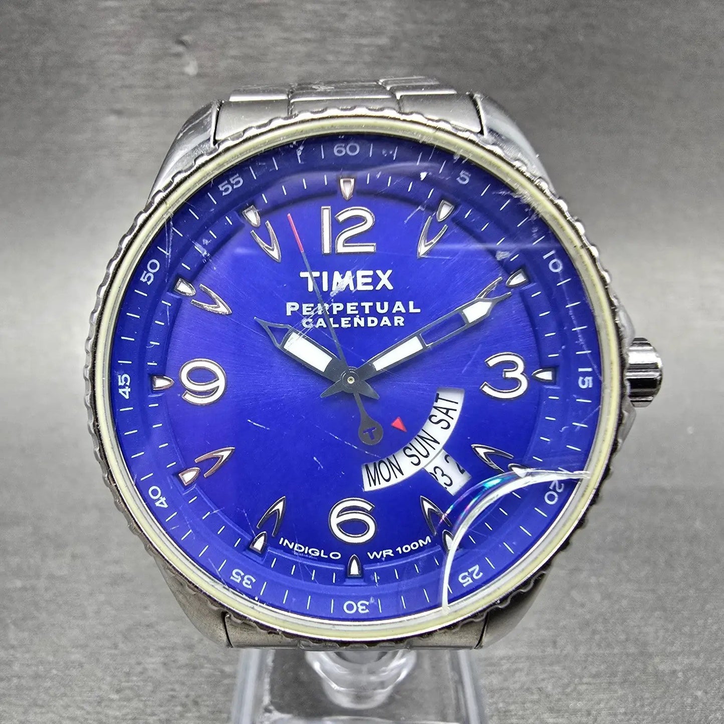 Timex Perpetual Calendar Watch Men 40mm Blue Dial Silver Tone Daydate New Batt0