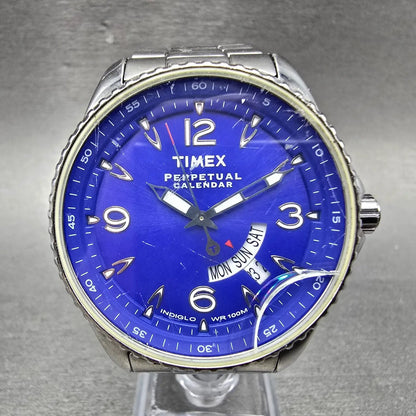 Timex Perpetual Calendar Watch Men 40mm Blue Dial Silver Tone Daydate New Batt0