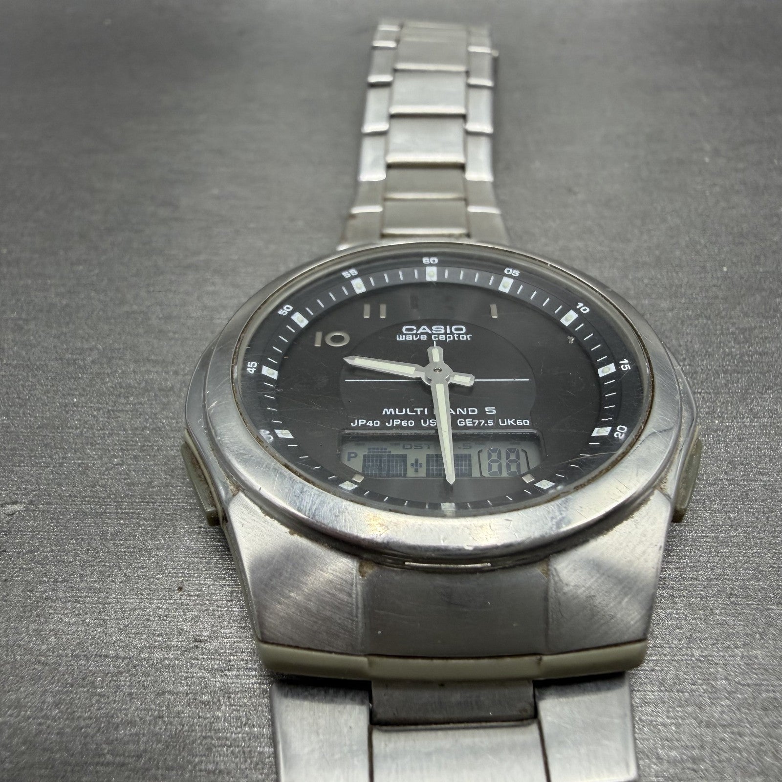 Casio Wave Ceptor Watch Men 41mm Black Dial Steel Analog Digital Solar READ!!!!!2