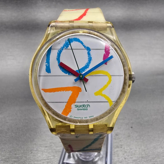 Swatch Gent AT SCHOOL Watch Men White Dial Clear Case Round GE167 New Battery0