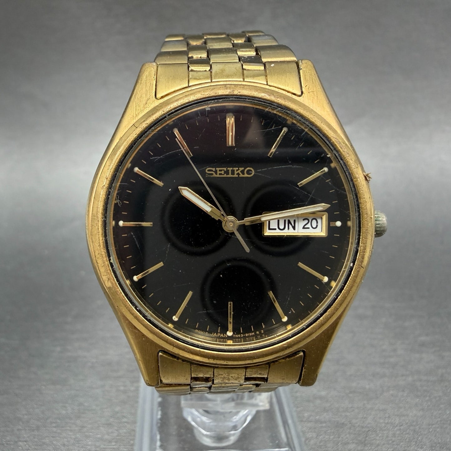 Seiko Watch Men 37mm Black Dial Gold Tone Daydate Round 7N43-9048 New Battery 390